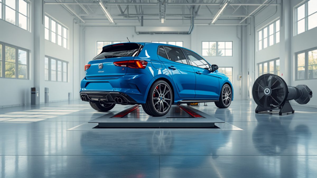A performance hatchback strapped down on a rolling-road dyno with a cooling fan in front of it