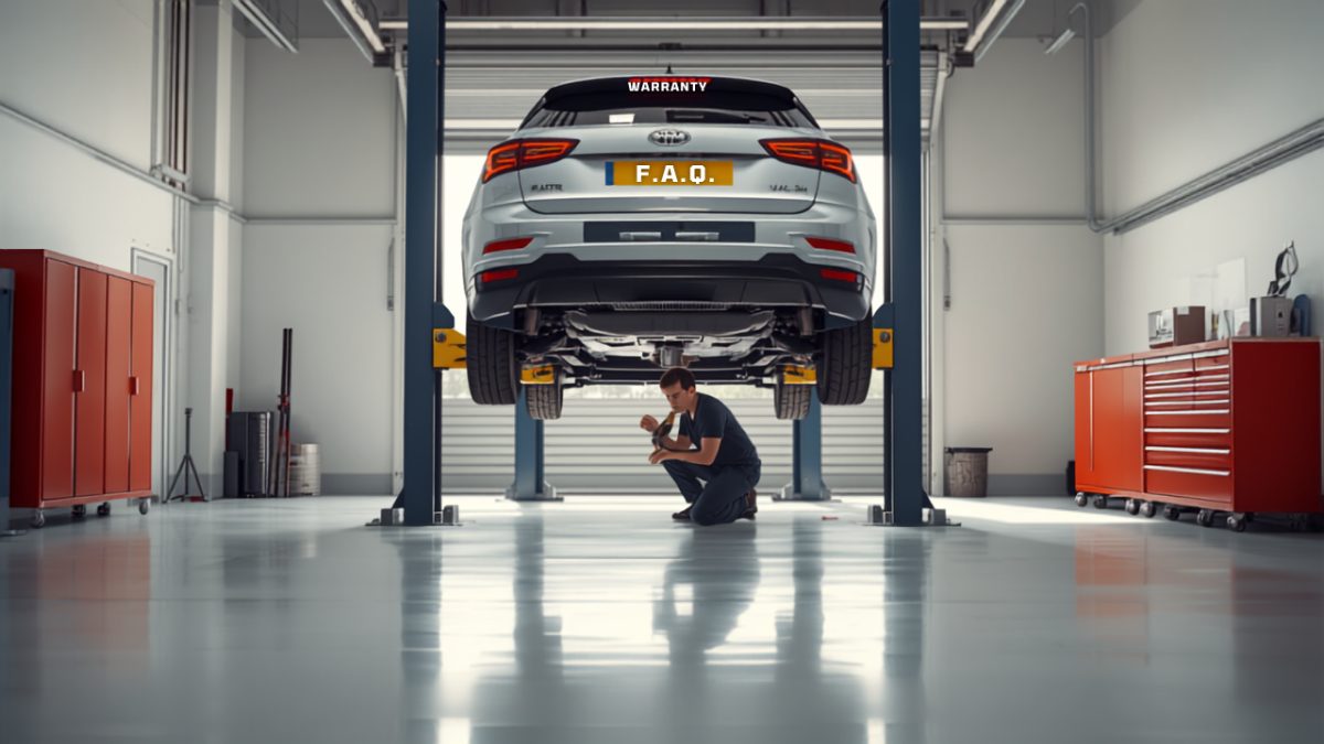 A technician working beneath a car raised on a two-post lift in a bright, tidy workshop