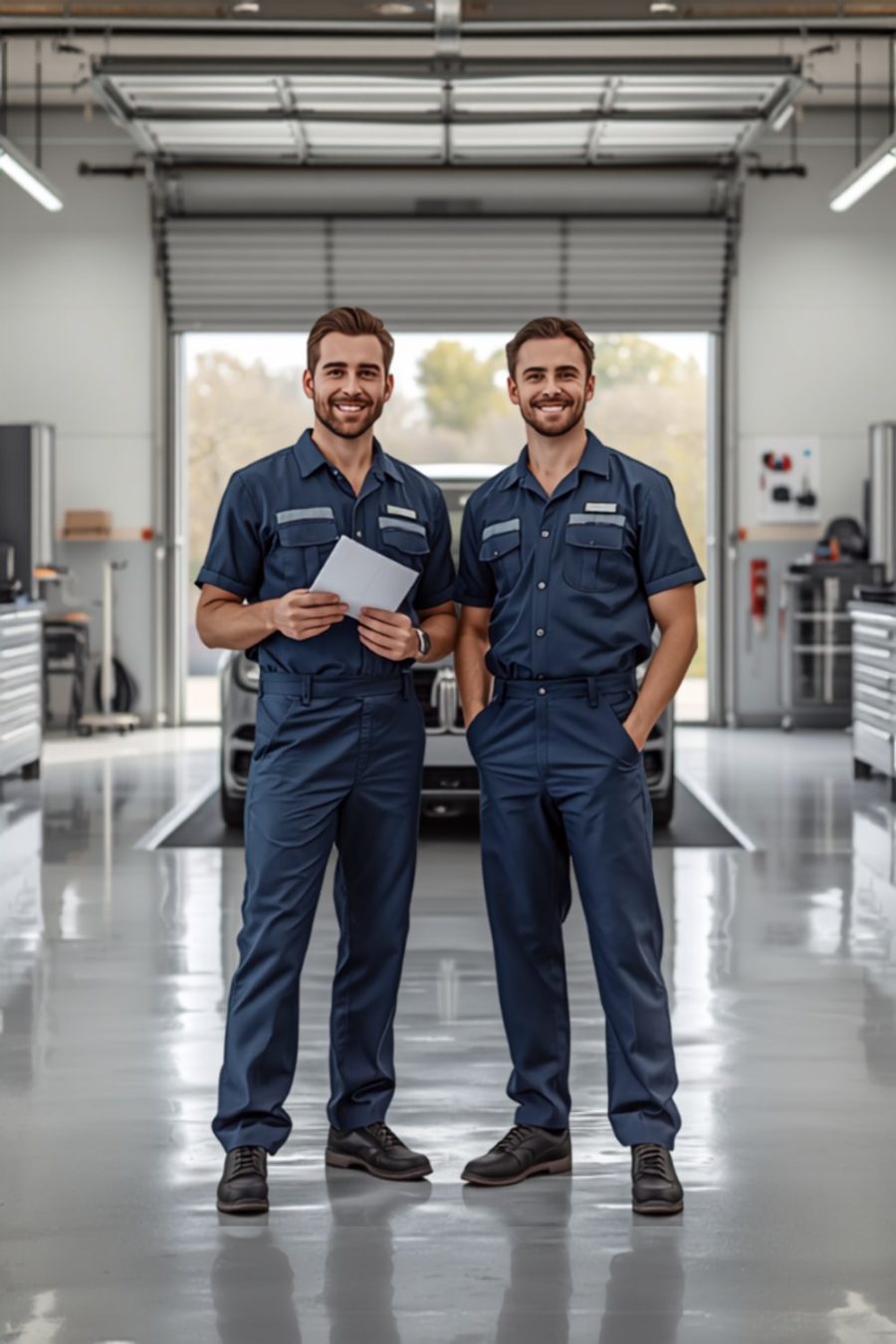Two mechanics in workshop overalls standing together in a bright garage workshop