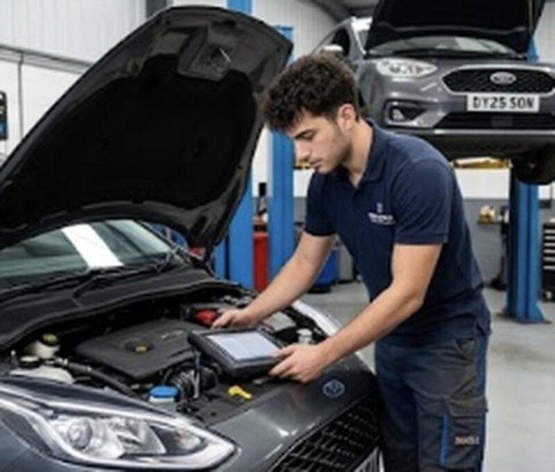 A technician working on an open engine bay