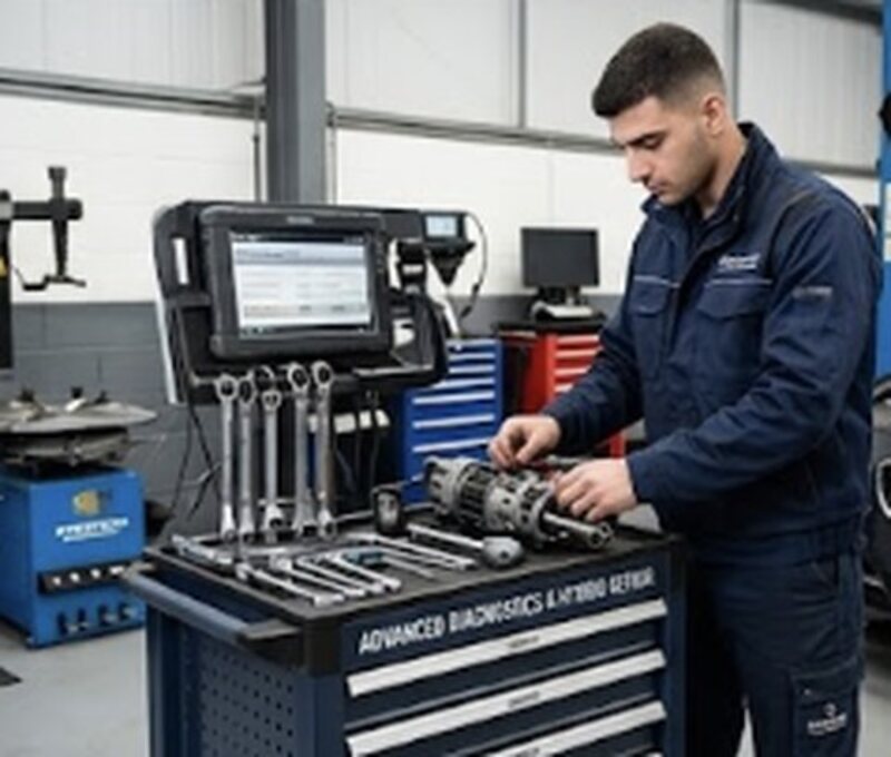 A technician at a diagnostic station with tools laid out